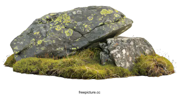 [Transparent Background PNG]Large Grey Boulder With Green Moss And Lichen On White Background
