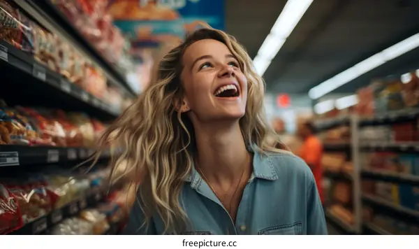 Laughing woman with long blond hair wearing a blue shirt in a grocery store