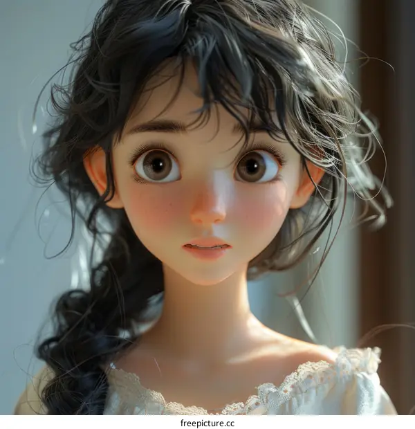 A Dark-Haired Girl with Brown Eyes in a White Dress