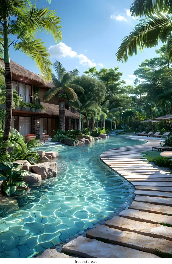 Modern tropical villa with pool and palm trees