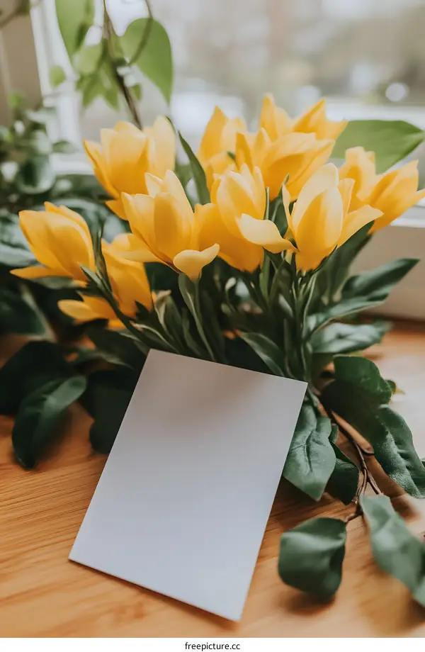 Blank White Card With Yellow Flowers On Wooden Background
