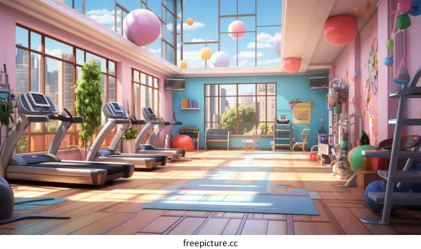 Brightly Colored Gym with Treadmills, Exercise Balls, and Yoga Mats