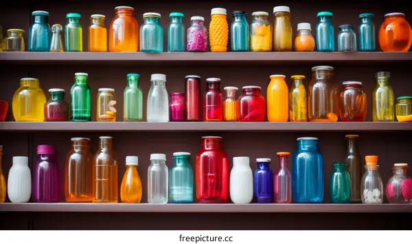 Multicolored Glass Vials and Bottles Elegantly Arranged on Wooden Shelves