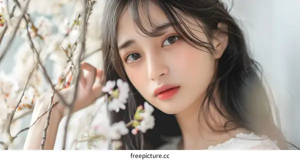 Beautiful Asian Woman with Flowers in Her Hair