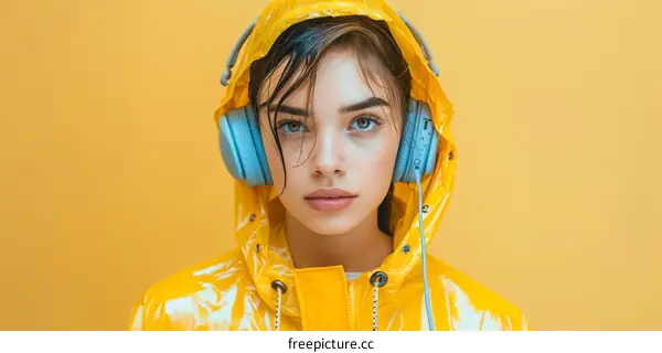Portrait of a young woman in a yellow raincoat with blue headphones