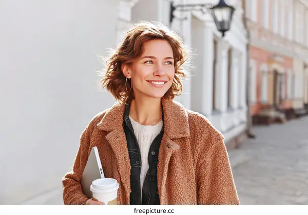 Smiling woman walking in the city with a coffee
