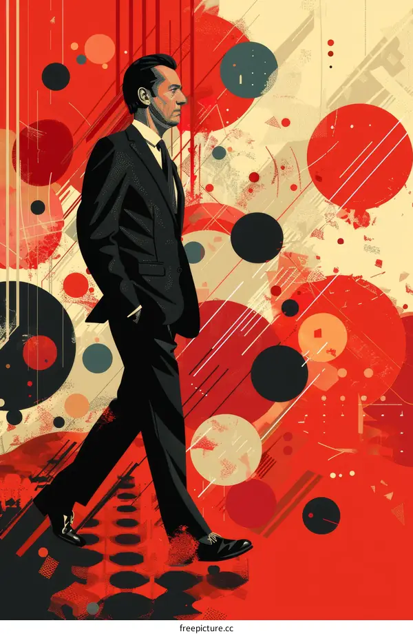 Man in Black Suit Walking in Colorful Background