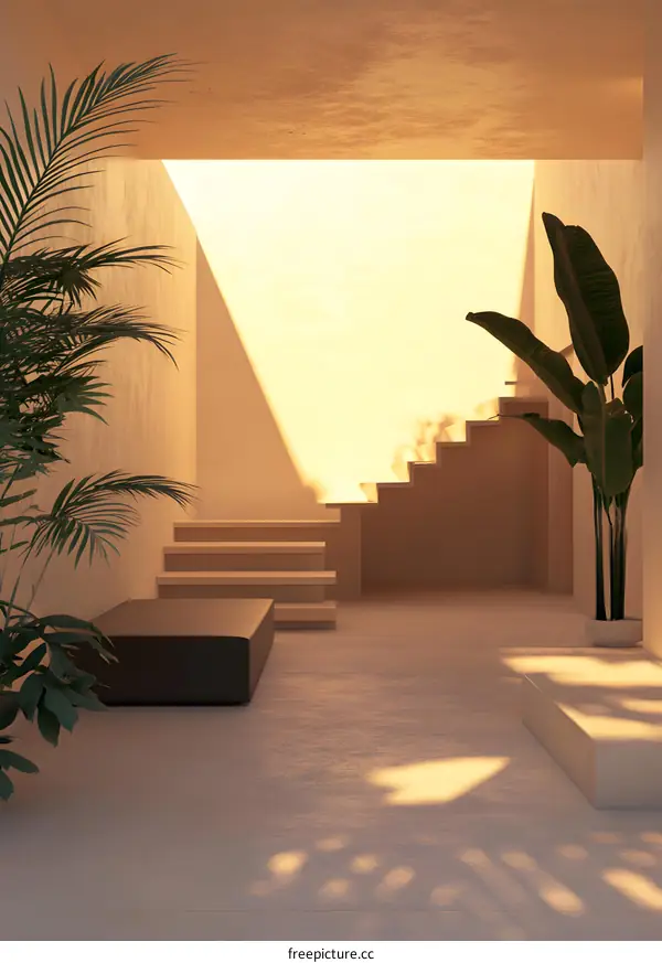 Minimalist Interior Design with Stairs and Plants