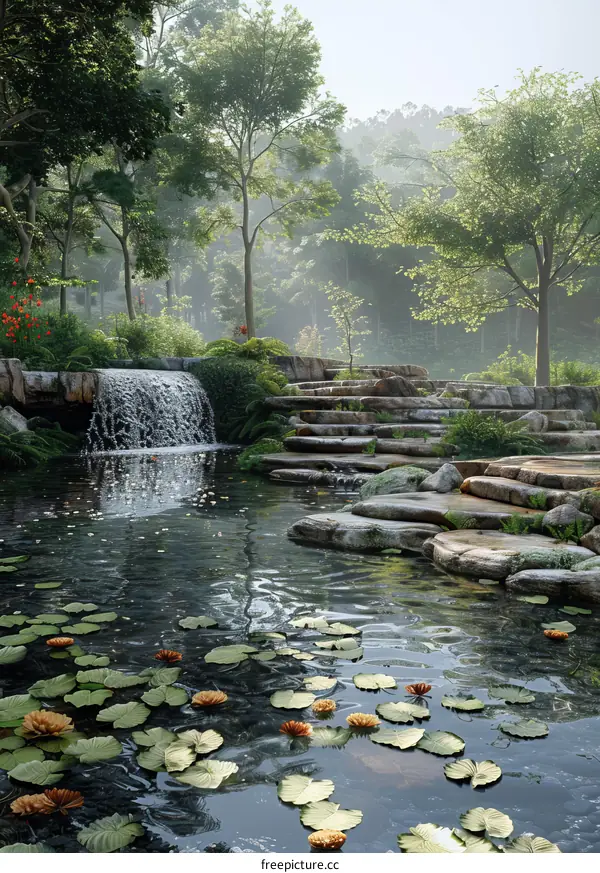 Lush Green Forest Waterfall with Rocks and Lily Pads