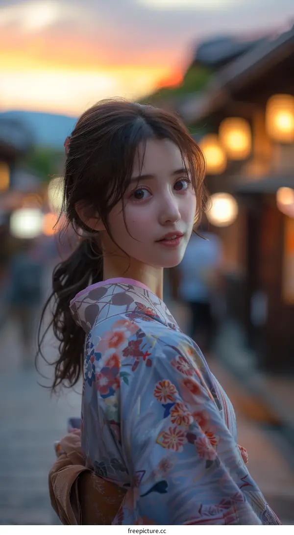 Young Woman in Kimono at Sunset in Japan