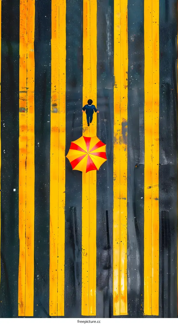 Yellow and Black Striped Crosswalk with Man Walking and Umbrella