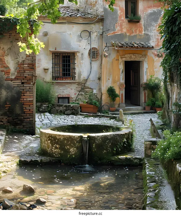 An ancient fountain in a small Italian village