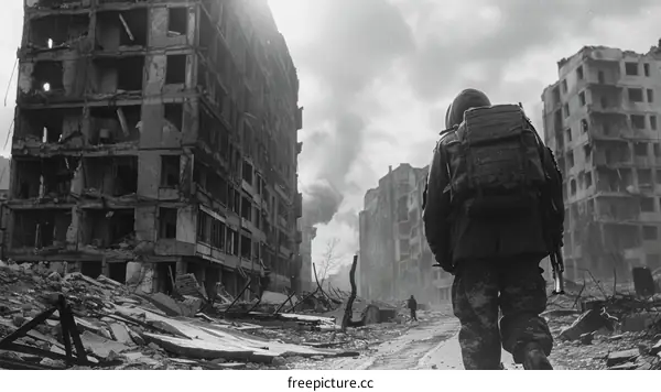 Black and white photo of a soldier walking through a destroyed city