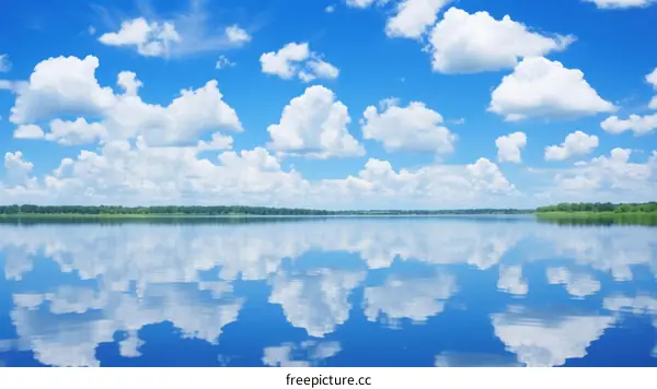 Serene Lake Reflection with Blue Sky and White Clouds