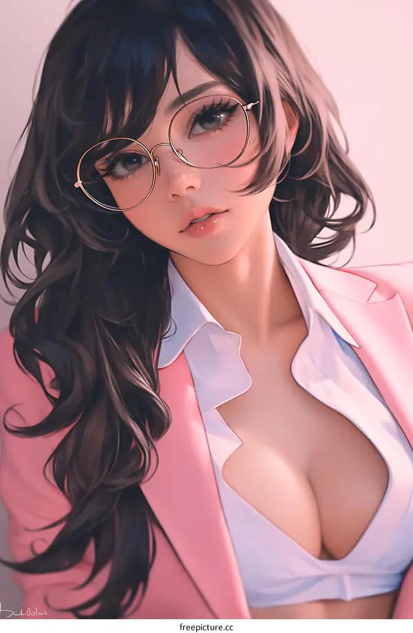 Beautiful Asian Woman in a Pink Blazer with Round Glasses Illustration