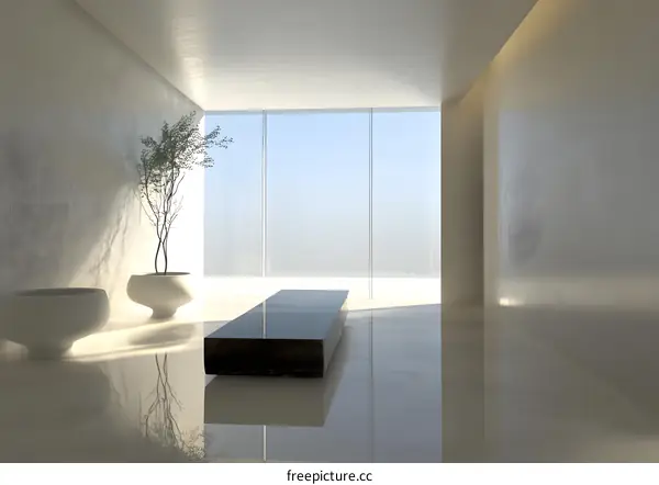 Minimalist Interior Design With Large Windows and a Reflective Table