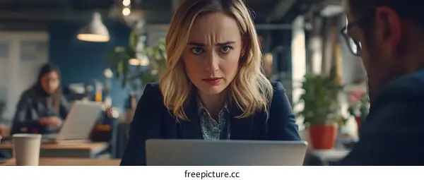 Serious Businesswoman Looking at Laptop in Office