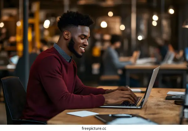 African American Man Working on Laptop in Office