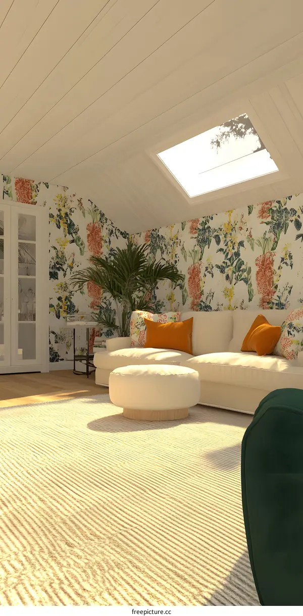 Modern Living Room With Floral Wallpaper And Skylight