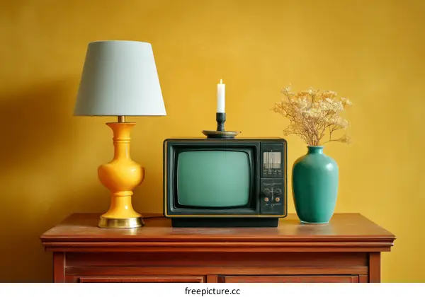 Retro Yellow Lamp and Vintage TV on Wooden Cabinet