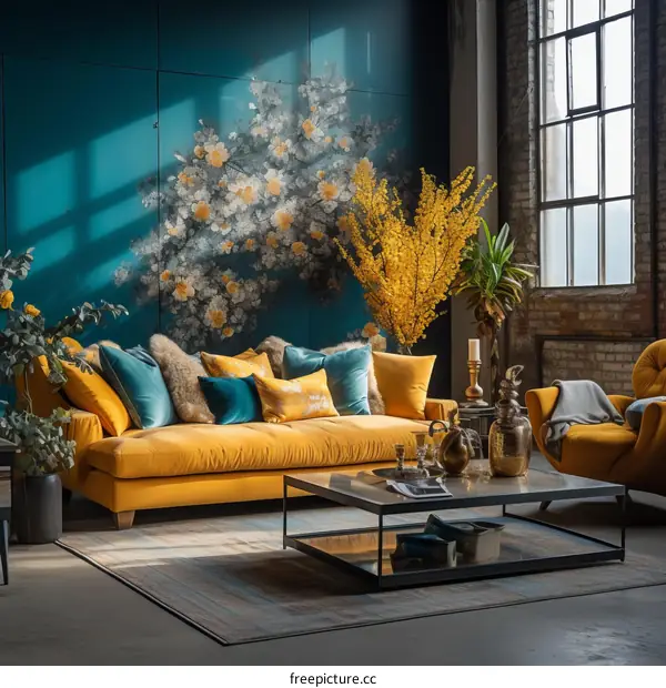 Blue and Yellow Themed Living Room