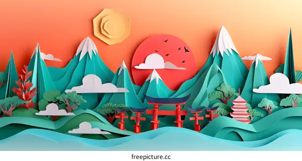 A paper cut illustration of a Japanese landscape with a mountain, sun, and torii gate