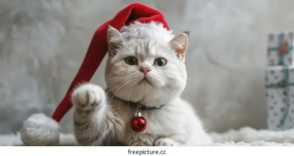 A cute cat wearing a Santa hat is sitting in front of a pile of presents.