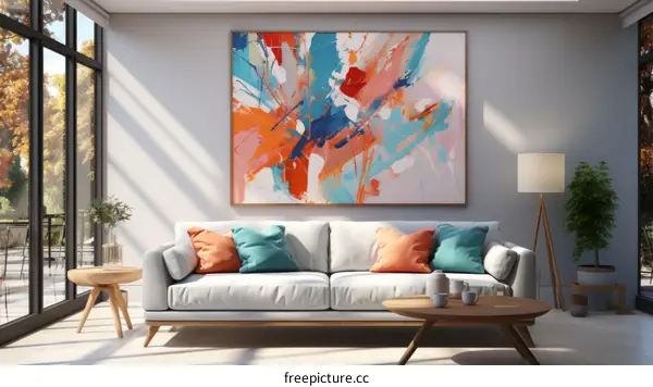 Abstract Painting with Vibrant Colors in a Living Room