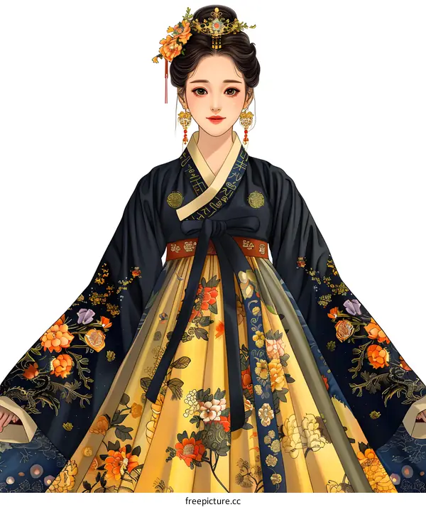 A digital painting of a young woman in a traditional Korean hanbok