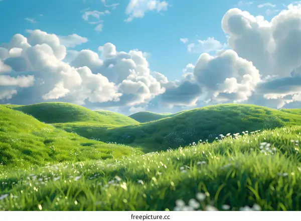 Green rolling hills under a blue sky