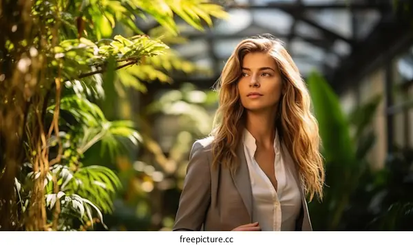 Portrait of a young woman standing in a greenhouse