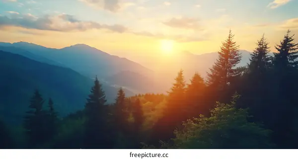 Scenic Mountain Sunset with Forest and Clouds