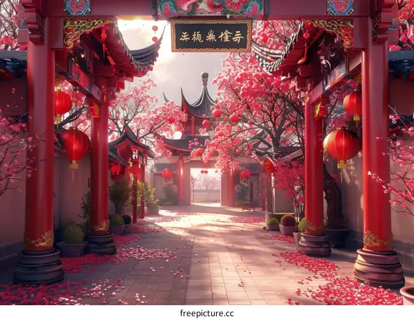 Red Chinese Architecture Illustration with Cherry Blossoms