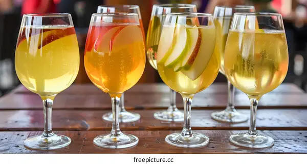 Sparkling Apple Cider in Glasses on Wooden Table