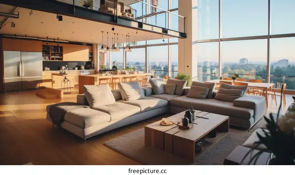 Modern apartment interior with large windows and city view