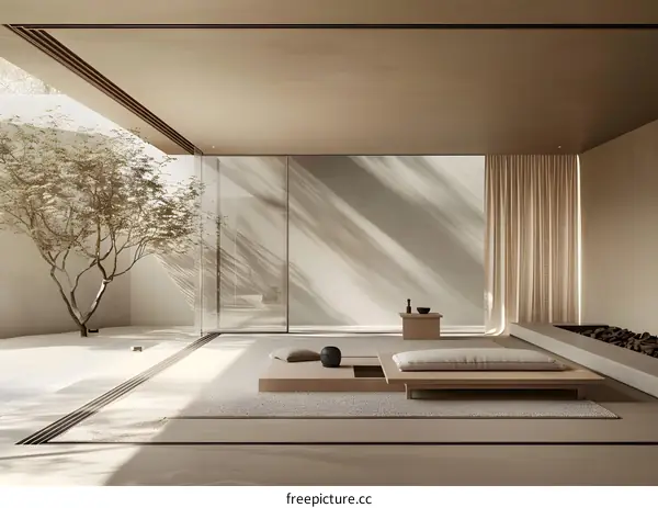 Minimalist Zen Garden Interior Design with Wooden Platform and Sunbeams