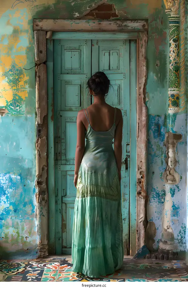 Woman in a Green Dress Standing in Front of a Blue Door