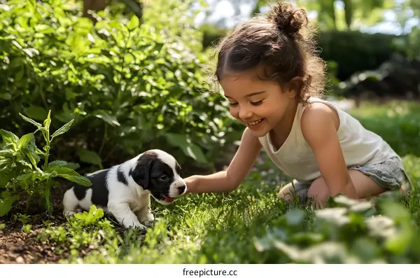 Little Girl Playing With Puppy in Garden
