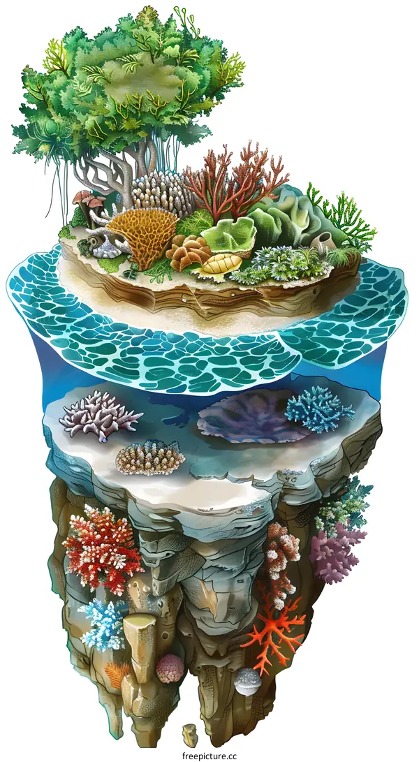 Illustration of Coral Reef Ecosystem with Tree and Ocean