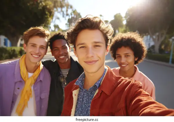 Group of young friends taking a cheerful selfie in sunny outdoor