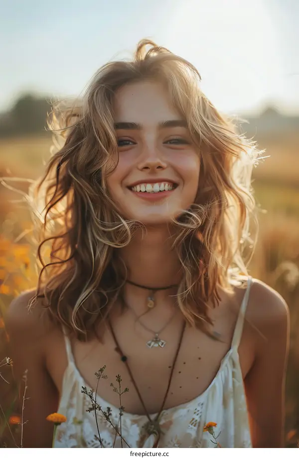 Portrait of a smiling young woman with long blond hair wearing a white dress standing in a field of yellow flowers