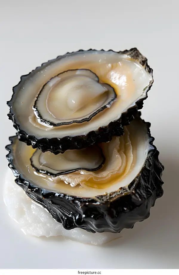 Two opened limpets on a white background