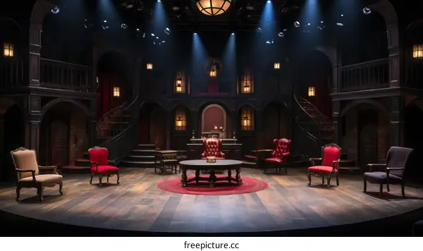An empty theater stage set with a round table and chairs