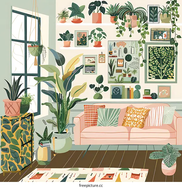 Illustrated Living Room with Plants and a Pink Sofa
