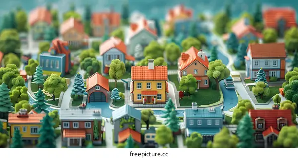 A miniature village with colorful houses and trees