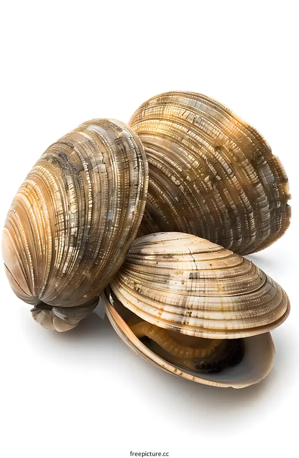 three fresh clams with white background