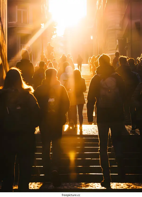 People Walking Up The Stairs In The Golden Hour