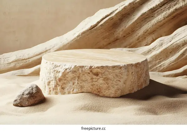 Beige Stone Display Stand on Sandy Background