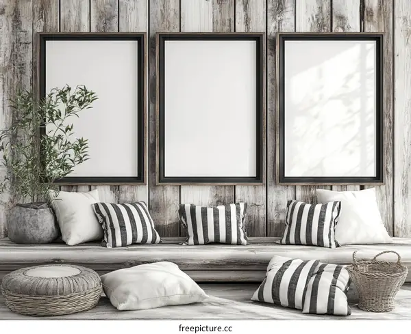 Blank Picture Frames on Rustic Wooden Wall with Cushions