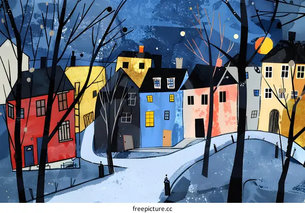 Winter Night in the Town with Silhouette of Houses and People
